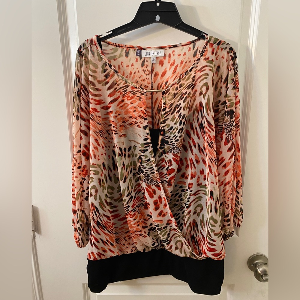 Jennifer Lopez, XL, Brown/Orange/Black Leopard Print Blouse
